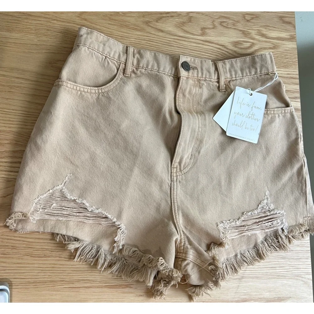 NWT Mumu‎ Denim Shorts Distressed Frayed Hem High Waist Casual Tan Sz 29  6/8